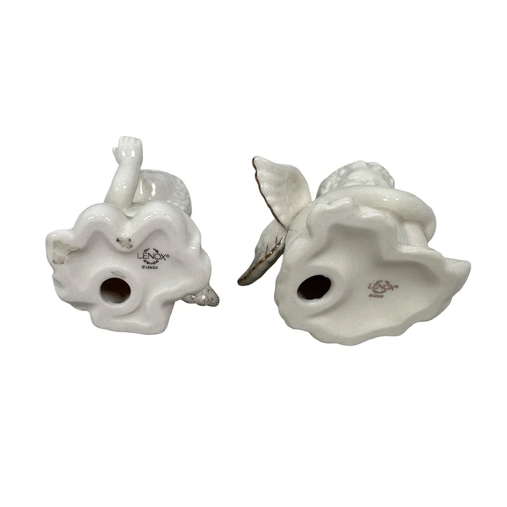 Lenox Ivory Porcelain Cherub Angel Figurines Gold Trim Set 2 Blowing Kiss Heart